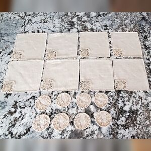 Vintage Irish Linen Crochet Napkin+Coaster Set, 8 Of Each, Tan Never Used